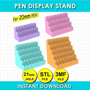 Puede incluir: Un conjunto de cuatro expositores de bolígrafos escalonados en morado, rosa, azul claro y naranja. Cada soporte presenta filas de orificios circulares diseñados para bolígrafos de 20 mm. La imagen incluye los textos PEN DISPLAY STAND, for 20mm PEN, 21mm HOLE, STL FILE, 3MF FILE e INSTANT DOWNLOAD.