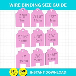 May include: A wire binding size guide featuring nine pink, tag-shaped plastic markers arranged in a grid. Each marker displays a specific measurement in both inches and millimeters, ranging from 3/8 inch (9mm) to 1 1/4 inches (32mm).