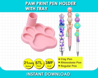 Paw Print Pen Holder with tray, Paw Print Pen Display STL file, 3MF file