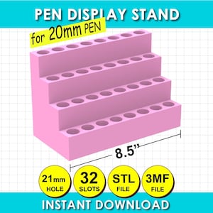 May include: A pink tiered pen display stand with 32 slots for 20mm pens. The stand measures 8.5 inches in width and features 21mm holes. This is an instant download for STL and 3MF files, designed to organise writing instruments in a tiered structure.