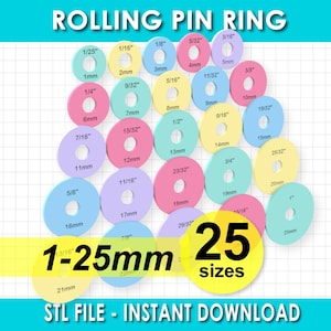 25 tamaños, Guías de grosor para masa de cake pops y galletas, Juego de guías de anillos para rodillo (1-25 mm), archivo STL, Guías de grosor de masa (Descarga digital)