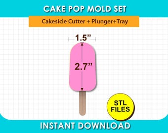 Full Set 2.7" Cakesicle Mold, cake pop mold, with Tray, Cutter and Plunger STL File, digital download