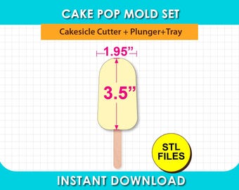 3.5" Cakesicle Mold, cake pop mold, with Tray, Cutter and Plunger STL File, digital download