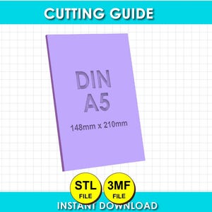 以下が含まれることがあります： DIN A5および148mm x 210mmのテキストが記載された薄紫色の長方形のカットガイドテンプレート。テンプレートの下には、STL FILEおよび3MF FILEとラベル付けされた2つの黄色の円形アイコンがあり、CUTTING GUIDEおよびINSTANT DOWNLOADのテキストが表示されています。