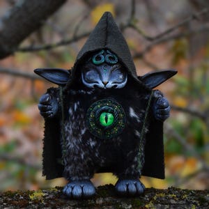 Peut inclure: Une créature à fourrure noire et blanche avec un œil vert et une cape noire à capuche. La créature a un visage de chat avec un troisième œil sur son front. La créature porte un bijou vert sur sa poitrine.