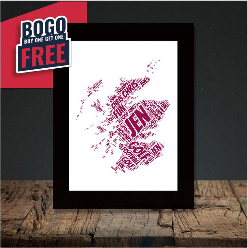 Personalised Scotland Map Word Art Unique A4 and A3 Framed Decor for