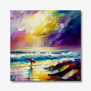 Stampa colorata con surfista sulla spiaggia