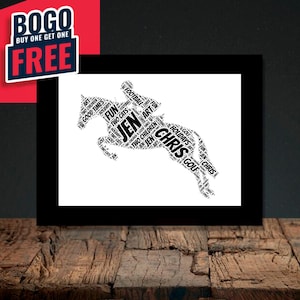 May include: Black and white word cloud art print of a horse and rider. The words include "Jen", "Chris", "Fun", "Golf", "Holidays", and "Two Children".