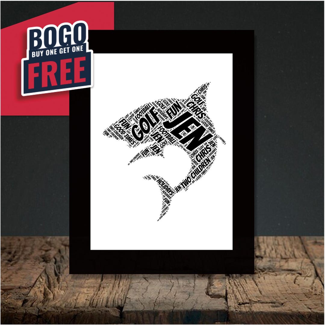 Personalised Shark Word Art Unique A4 and A3 Framed Wall Decor for