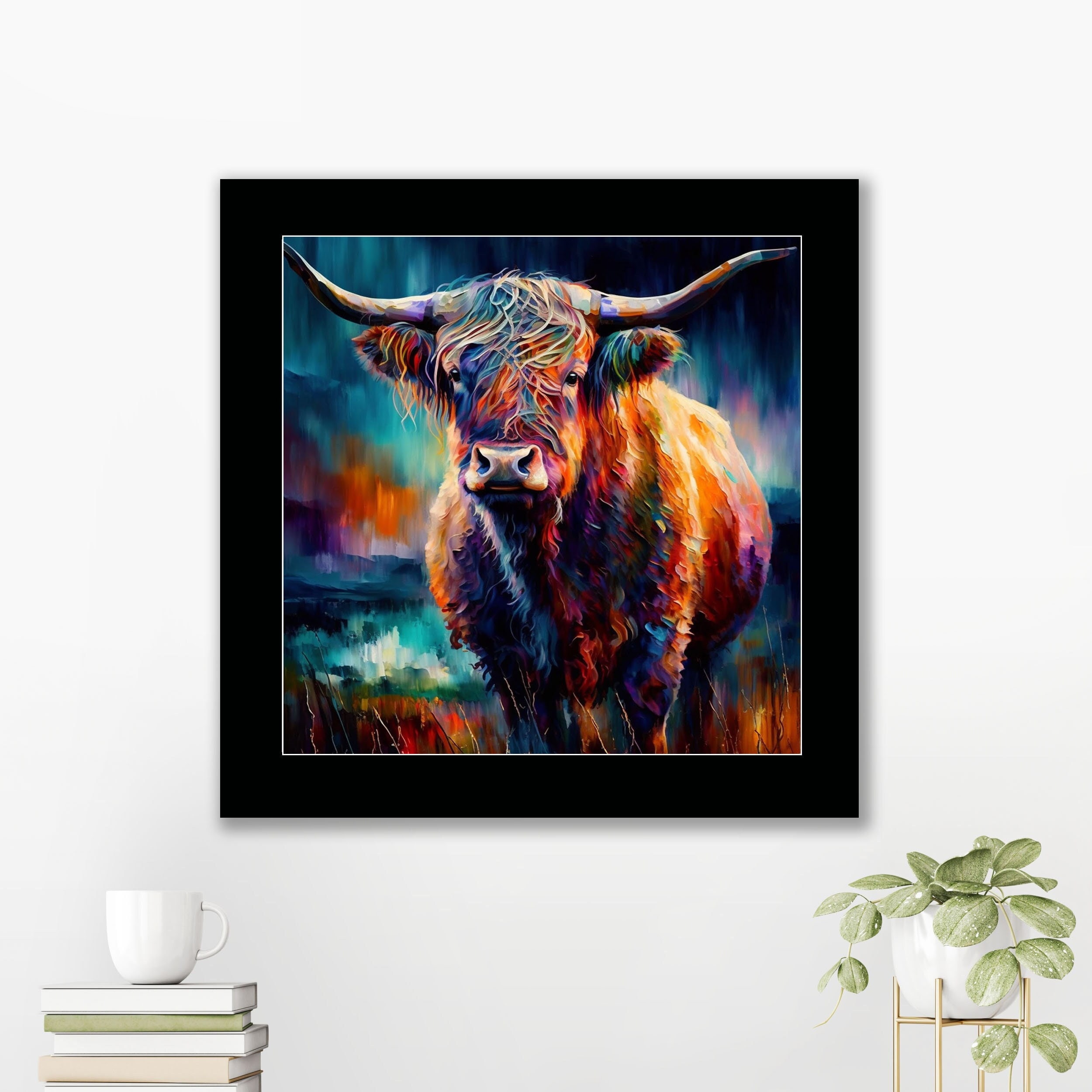 Highland cow colourful framed 10x10inches print