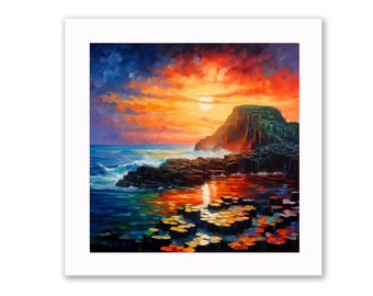 Gaint's causeway sunset colourful print 10x10 inches framed (black or white wood)