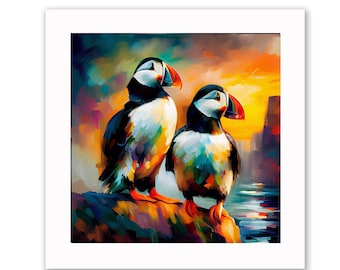 Two puffin birds colourful print 10x10 inches framed (black or white wood)
