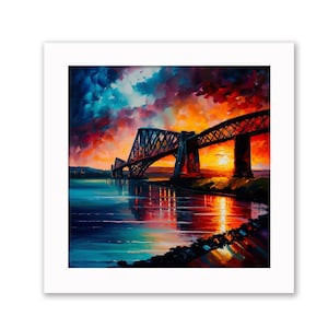 Forth rail bridge colourful print 10x10 inches framed (black or white wood)