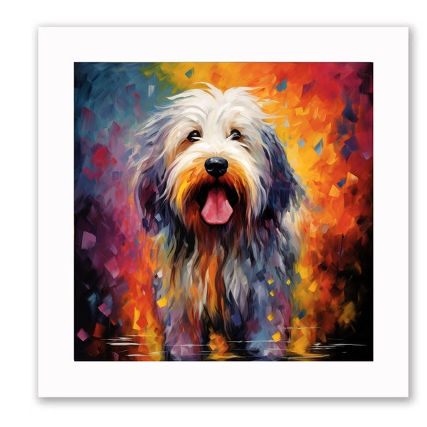 Old english sheepdog colourful print 10x10 inches framed (black or white wood)