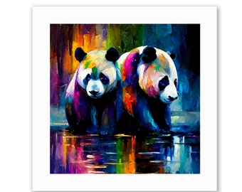 Two pandas colourful print 10x10 inches framed (black or white wood)