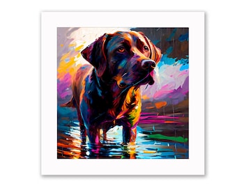 Chocolate labrador colourful print 10x10 inches framed (black or white wood)