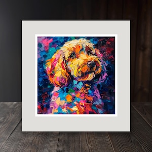 Könnte beinhalten: Ein farbenfrohes Gemälde eines Hundes mit einem flauschigen, hellbraunen Fell. Das Gesicht des Hundes ist sichtbar und der Hintergrund ist eine lebendige Mischung aus Blau, Lila und Gelb.
