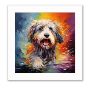 Bearded collie colourful print 10x10 inches framed (black or white wood)