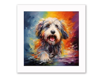 Bearded collie colourful print 10x10 inches framed (black or white wood)