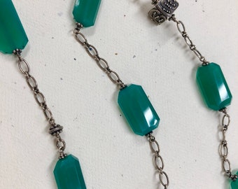 The Carlow Necklace in Green Onyx. Faceted Green Onyx and Oxidized Sterling Silver Station Necklace.  Green Onyx & Sterling Silver Necklace.