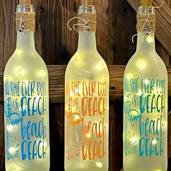 Beach Themed Decor / Wine Bottle Light / Shore House Decor / Coastal Decor / LED Cork Light / Wine Bottle Decor/Frosted Wine Bottle