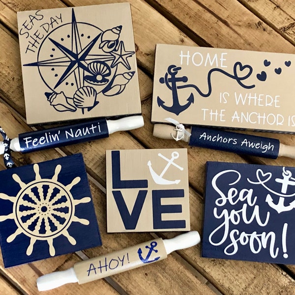 Beach Themed Decor/Nautical Tiered Decor/Wood Mini Signs/Seas The Day/Home is Where the Anchor Is/Farmhouse Tiered Tray