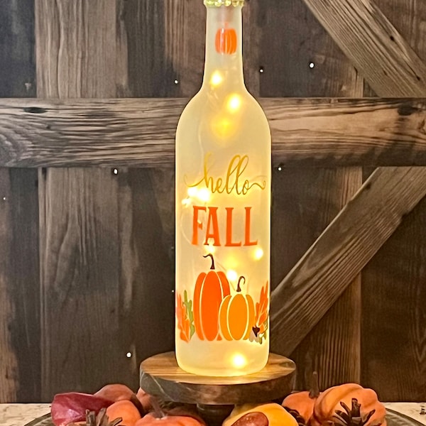 Fall Decor/Hello Fall/Fall Pumpkins/Wine Bottle Light/LED Wine Bottle Cork Light/Wine Bottle Decor/Decorated Wine Bottle/Fall Mantel