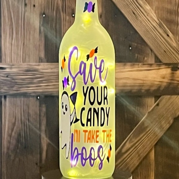 Halloween Decor/LED Wine Bottle Cork Light/Ghost/Happy Halloween Gift/Hostess Gift/Fall Decor/Save Your Candy I'll Take The Boos/Candy Boo