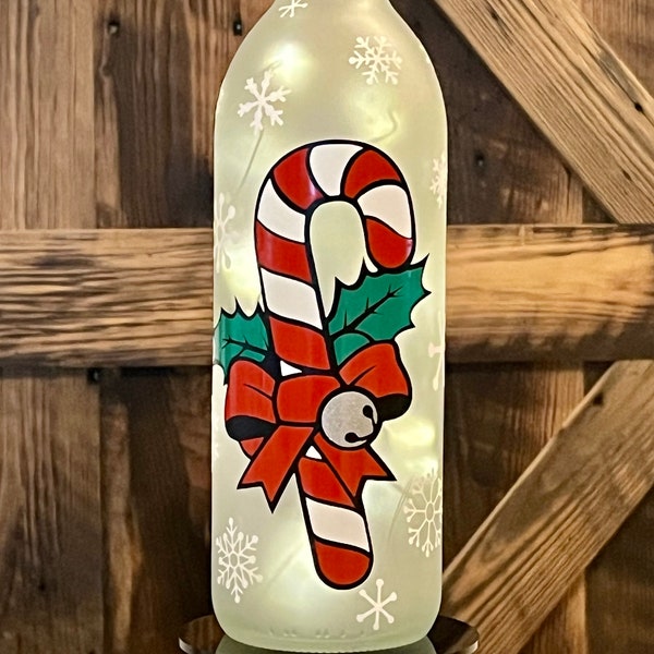Christmas Winter Decor/Wine Bottle Light/LED Wine Bottle Cork Light/Candy Cane/Jingle Bells Holly/Winter Centerpiece/Decorated Wine Bottle