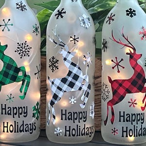 Christmas Winter Decor/LED Wine Bottle Cork Light/Gift Exchange/Happy Holidays/Reindeer/Unique Gift/Painted Wine Bottle/Farmhouse Decor