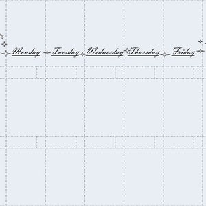 Op de afbeelding: Een weekplanner met een rasterindeling en de dagen van de week met labels: zondag, maandag, dinsdag, woensdag, donderdag, vrijdag en zaterdag. De dagen van de week zijn geschreven in cursief schrift. De planner heeft een lichtblauwe achtergrond met een gestippeld rasterpatroon.
