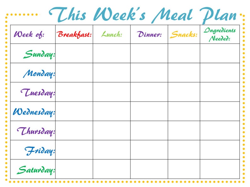 Meal Planner Digital Weekly PRINTABLE Meal Schedule PDF Etsy