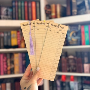May include: Three vintage-style "Reading Log" bookmarks with lined sections for recording book details. Each bookmark has a header with the text "Reading Log". One bookmark has a purple tassel. The background shows a bookshelf filled with books.