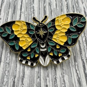 Lunar Moth Enamel Pin – Green Black Yellow Moth Pin – Gothic Aesthetic Gift