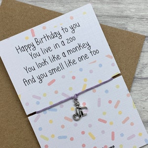 Novelty Birthday Gift, Monkey Birthday Wish Bracelet, Funny Birthday card, funny birthday gift, novelty birthday card, birthday for niece