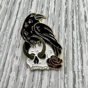 Black Raven Moon Pin – Red Flowers Enamel – Gothic Nature Lapel Pin