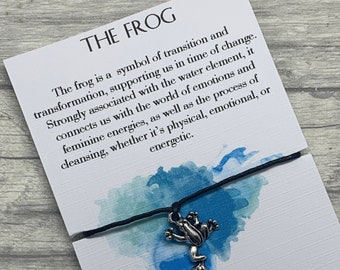 Frog wish bracelet, frog totem, frog charm bracelet, frog totem card.