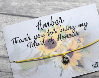 Personalized Sunflower Bridesmaid Wish Bracelet: Wedding Favor Gift