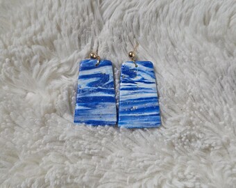 Blue Marble Polymer Clay Earrings | Ocean-Inspired Statement Earrings | Gold Accent Dangle Earrings | Handmade Lightweight Jewelry