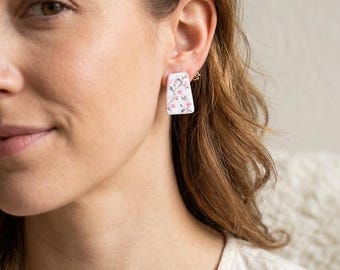 Handmade Floral Clay Stud Earrings | Dainty Pink Cherry Blossom Trapezoid Earrings | Minimalist Botanical Jewelry | Gift for Her