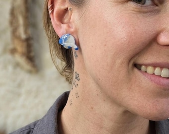 Kansas City Baseball Cap Clay Studs | Blue & White Marble Earrings