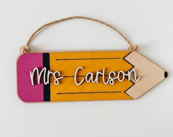 Personalized Pencil Name Sign | Teacher Classroom Door Hanger | Custom Teacher Gift