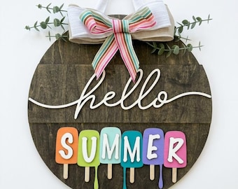 Hello Summer Popsicle Door Hanger | Colorful Summer Wreath | Fruit Pop Porch Decor | Sweet Summer Home Decor | Hand-Painted Wooden Sign