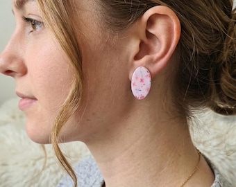 Vintage Floral Oval Studs | Pastel Pink Polymer Clay Earrings