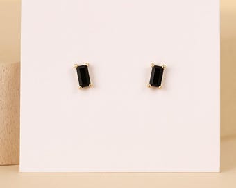 Black Baguette Stud Earrings • Minimal Gold Stud Earrings • Rectangle Stone Earrings • Dainty Everyday Jewelry • Gift for Her