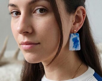 Kansas City Baseball Pride | Blue & White Marble Clay Dangle Earrings