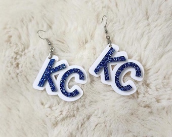 KC Glitter Earrings | Kansas City Earrings | Blue & White KC Dangle Earrings | Game Day Jewelry | KC Fan Gift | Lightweight Acrylic Earrings