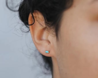 Turquoise Baguette Stud Earrings • 18K Gold Plated Petite Rectangle Studs • Dainty Stacking Earrings • Minimalist Boho Jewelry • Gift for He
