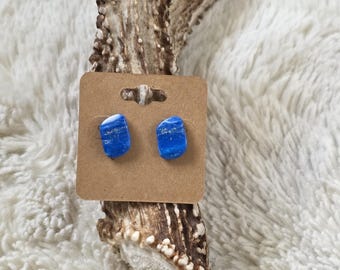 Kansas City Royals Themed Marble Studs – Blue and Gold Game Day Earrings – KC Baseball Jewelry – Handcrafted Faux Lapis Pebble Posts – KC Pr