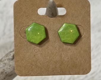 Sparkly Lime Green Hexagon Studs | Spring Green Earrings